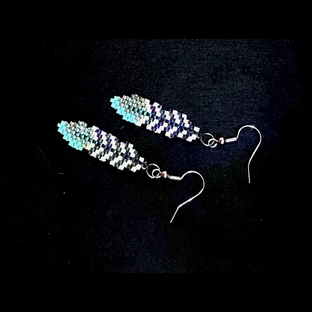SOLD Handmade Feather Beaded Pierced Earrings - Picture 1 of 5